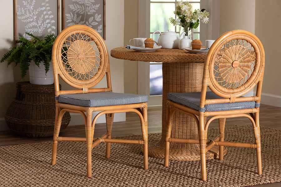 bali & pari Oberon Natural Rattan Dining Chair with Cushion - Handwoven Wicker Bistro Accent Seating with Sunburst Backrest