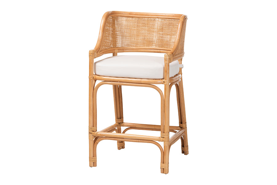 bali & pari Ottis Natural Rattan Counter Stool with Cushion - Handwoven Wicker Kitchen Island or Lounge Seating with Integrated Footrest