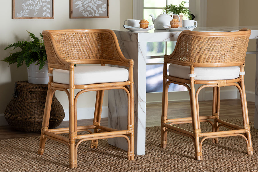 bali & pari Ottis Natural Rattan Counter Stool with Cushion - Handwoven Wicker Kitchen Island or Lounge Seating with Integrated Footrest