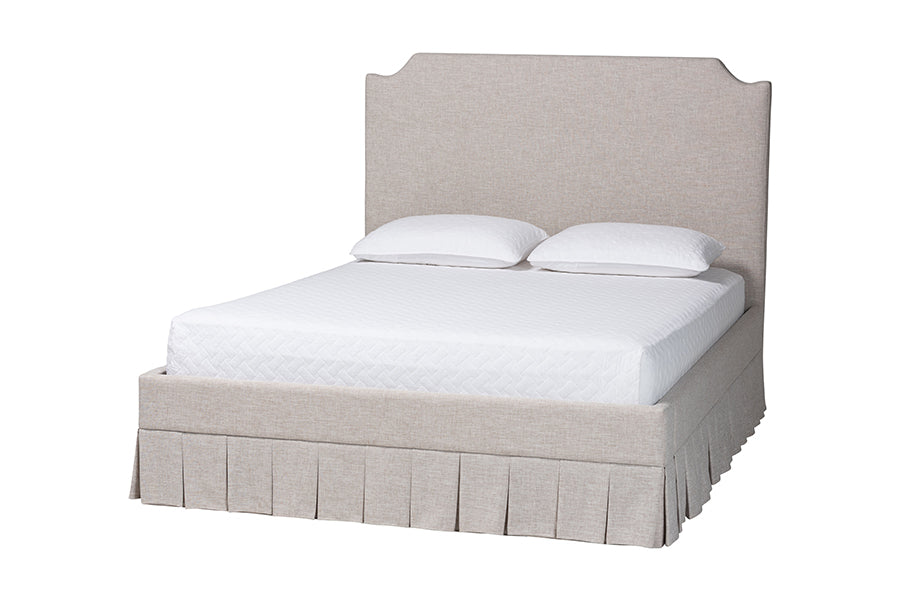 Baxton Studio Ronelyn Platform Bed with Pleated Skirt - Fabric Upholstered Bed Frame with Panel Headboard, King