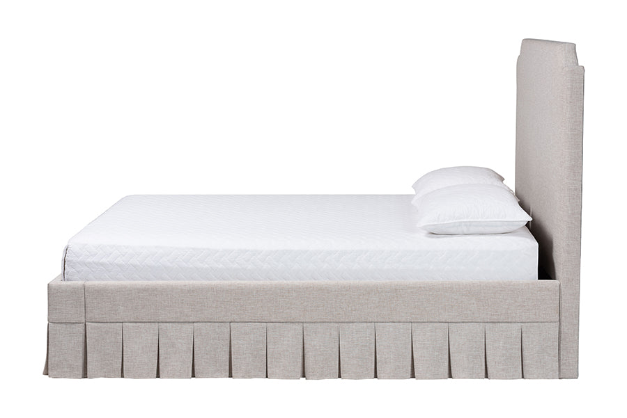Baxton Studio Ronelyn Platform Bed with Pleated Skirt - Fabric Upholstered Bed Frame with Panel Headboard, King