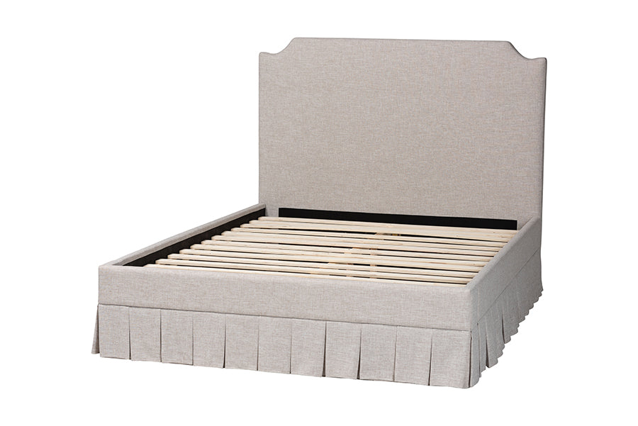 Baxton Studio Ronelyn Platform Bed with Pleated Skirt - Fabric Upholstered Bed Frame with Panel Headboard, King
