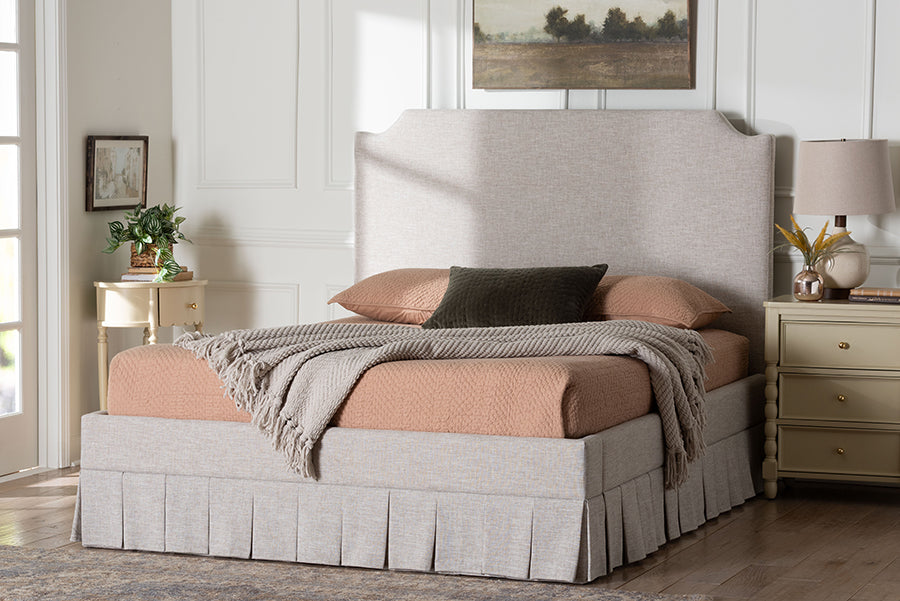 Baxton Studio Ronelyn Platform Bed with Pleated Skirt - Fabric Upholstered Bed Frame with Panel Headboard, King