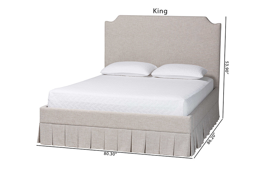 Baxton Studio Ronelyn Platform Bed with Pleated Skirt - Fabric Upholstered Bed Frame with Panel Headboard, King