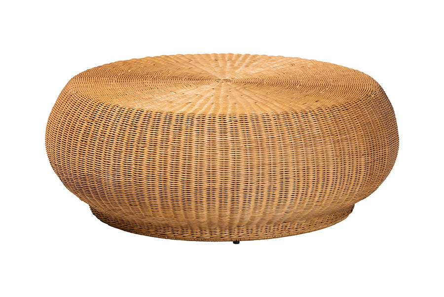 bali & pari Beatriz Natural Rattan Coffee Table : Handwoven Wicker Accent Table with Sculptural Drum Silhouette and Round Tabletop for Living Room or Sunroom