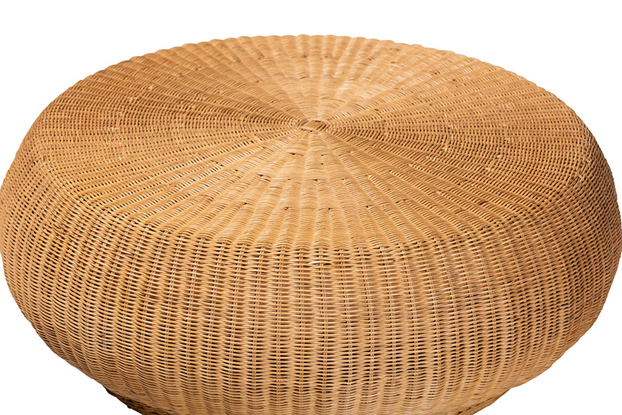 bali & pari Beatriz Natural Rattan Coffee Table : Handwoven Wicker Accent Table with Sculptural Drum Silhouette and Round Tabletop for Living Room or Sunroom