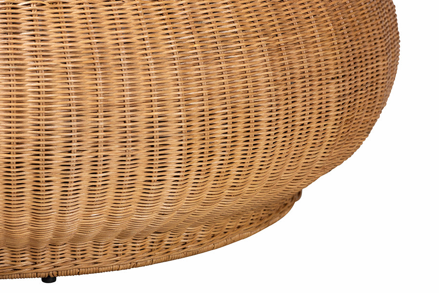 bali & pari Beatriz Natural Rattan Coffee Table : Handwoven Wicker Accent Table with Sculptural Drum Silhouette and Round Tabletop for Living Room or Sunroom