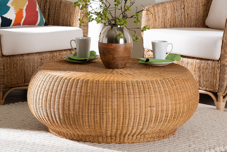 bali & pari Beatriz Natural Rattan Coffee Table : Handwoven Wicker Accent Table with Sculptural Drum Silhouette and Round Tabletop for Living Room or Sunroom