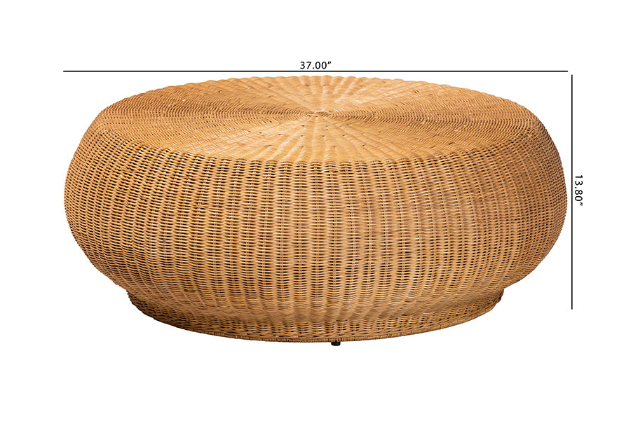 bali & pari Beatriz Natural Rattan Coffee Table : Handwoven Wicker Accent Table with Sculptural Drum Silhouette and Round Tabletop for Living Room or Sunroom