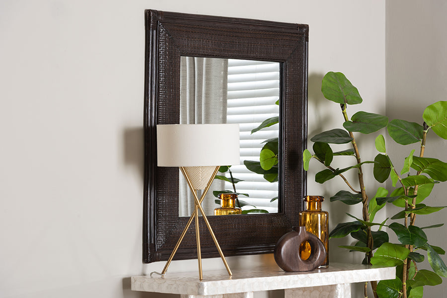 bali & pari Candela Natural Rattan Wall Mirror - Handwoven Wicker Accent Piece with Inset Mirrored Glass and Textured Frame