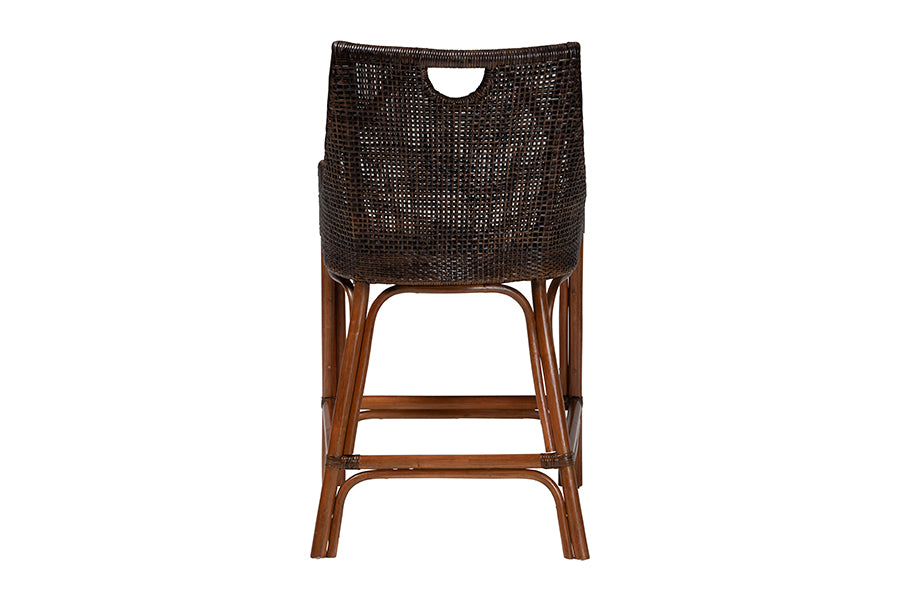 bali & pari Petra Natural Rattan Counter Stool - Handwoven Wicker Accent Stool with Wingback Profile and Cutout Handle, Espresso