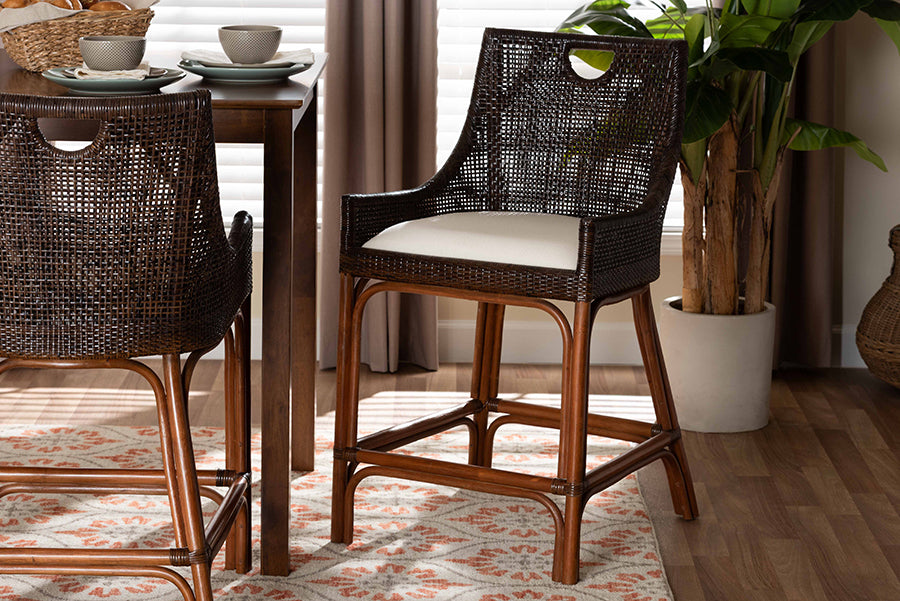 bali & pari Petra Natural Rattan Counter Stool - Handwoven Wicker Accent Stool with Wingback Profile and Cutout Handle, Espresso
