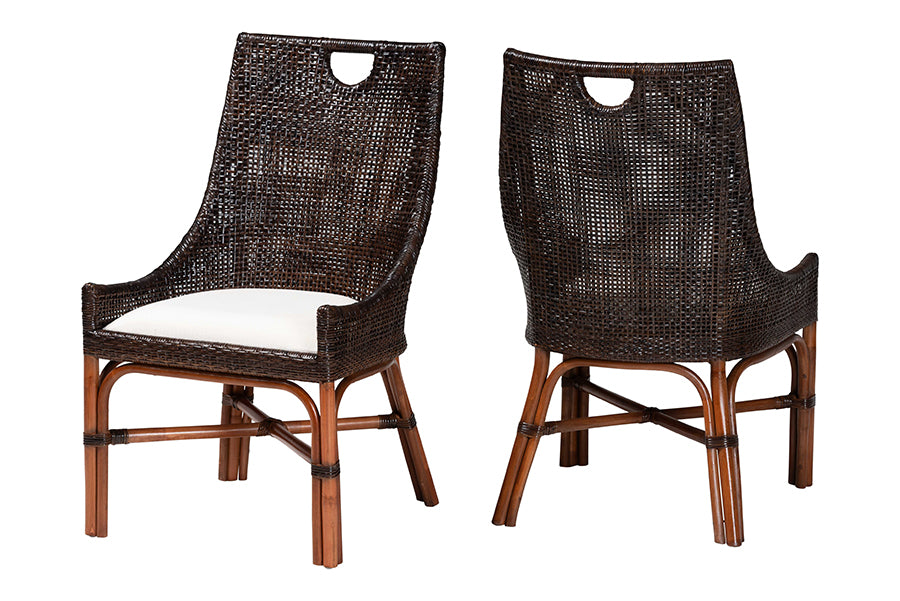 bali & pari Petra Natural Rattan 2-Piece Dining Chair Set - Handwoven Wicker Accent Chair with Wingback Profile and Cutout Handle, Espresso