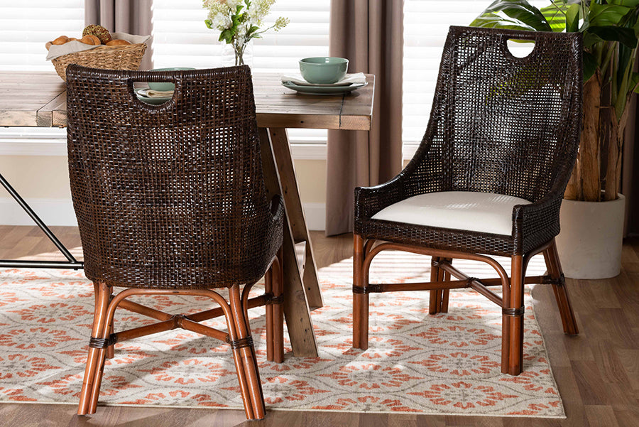 bali & pari Petra Natural Rattan 2-Piece Dining Chair Set - Handwoven Wicker Accent Chair with Wingback Profile and Cutout Handle, Espresso