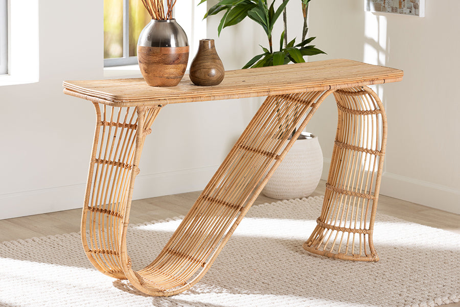 bali & pari Araceli Rattan S-Curve Console Table - Handwoven Wicker Sculptural Accent Table for Living Room or Entryway
