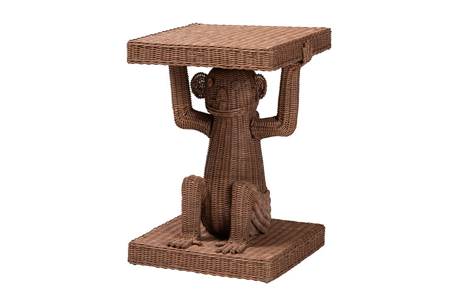 bali & pari Miyoco Monkey End Table - Handwoven Rattan Sculptural Accent Side Table with Platform Base