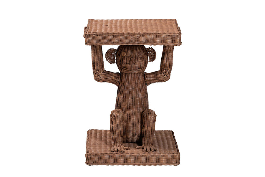 bali & pari Miyoco Monkey End Table - Handwoven Rattan Sculptural Accent Side Table with Platform Base