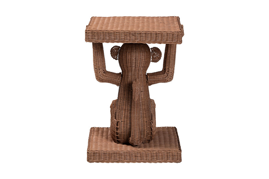 bali & pari Miyoco Monkey End Table - Handwoven Rattan Sculptural Accent Side Table with Platform Base