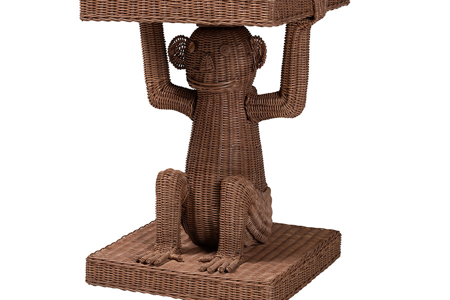 bali & pari Miyoco Monkey End Table - Handwoven Rattan Sculptural Accent Side Table with Platform Base