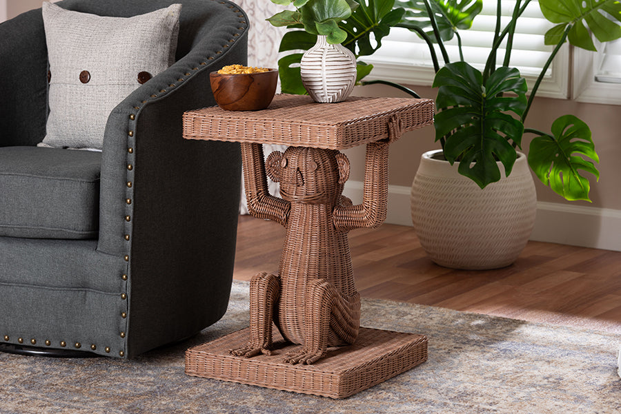 bali & pari Miyoco Monkey End Table - Handwoven Rattan Sculptural Accent Side Table with Platform Base