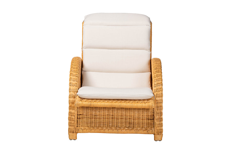 bali & pari Aries Natural Rattan Chaise Lounge Chair with Cushion - Handwoven Wicker Accent Lounger Rolled Backrest and Arms for Living Room or Sunroom