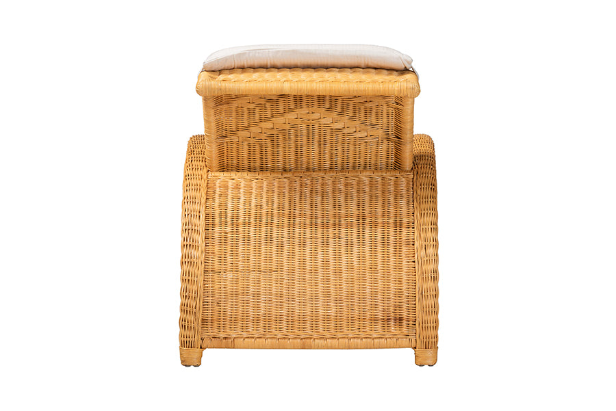 bali & pari Aries Natural Rattan Chaise Lounge Chair with Cushion - Handwoven Wicker Accent Lounger Rolled Backrest and Arms for Living Room or Sunroom