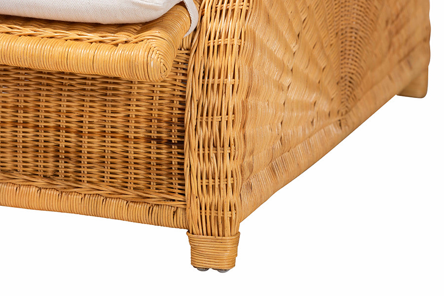 bali & pari Aries Natural Rattan Chaise Lounge Chair with Cushion - Handwoven Wicker Accent Lounger Rolled Backrest and Arms for Living Room or Sunroom