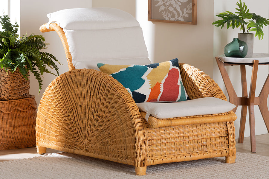 bali & pari Aries Natural Rattan Chaise Lounge Chair with Cushion - Handwoven Wicker Accent Lounger Rolled Backrest and Arms for Living Room or Sunroom