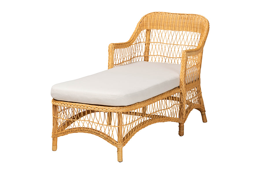 bali & pari Bruno Natural Rattan Chaise Lounge Chair with Cushion - Handwoven Wicker Accent Lounger with Rounded Backrest and Arms for Living Room, Bedroom or Sunroom