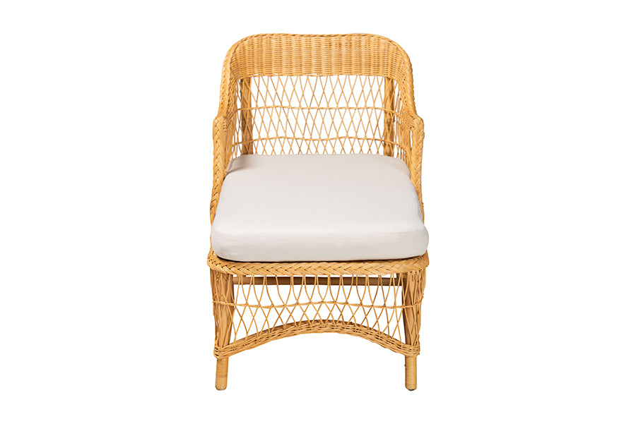 bali & pari Bruno Natural Rattan Chaise Lounge Chair with Cushion - Handwoven Wicker Accent Lounger with Rounded Backrest and Arms for Living Room, Bedroom or Sunroom