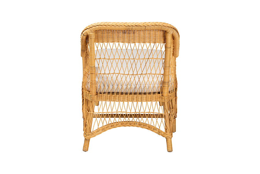 bali & pari Bruno Natural Rattan Chaise Lounge Chair with Cushion - Handwoven Wicker Accent Lounger with Rounded Backrest and Arms for Living Room, Bedroom or Sunroom