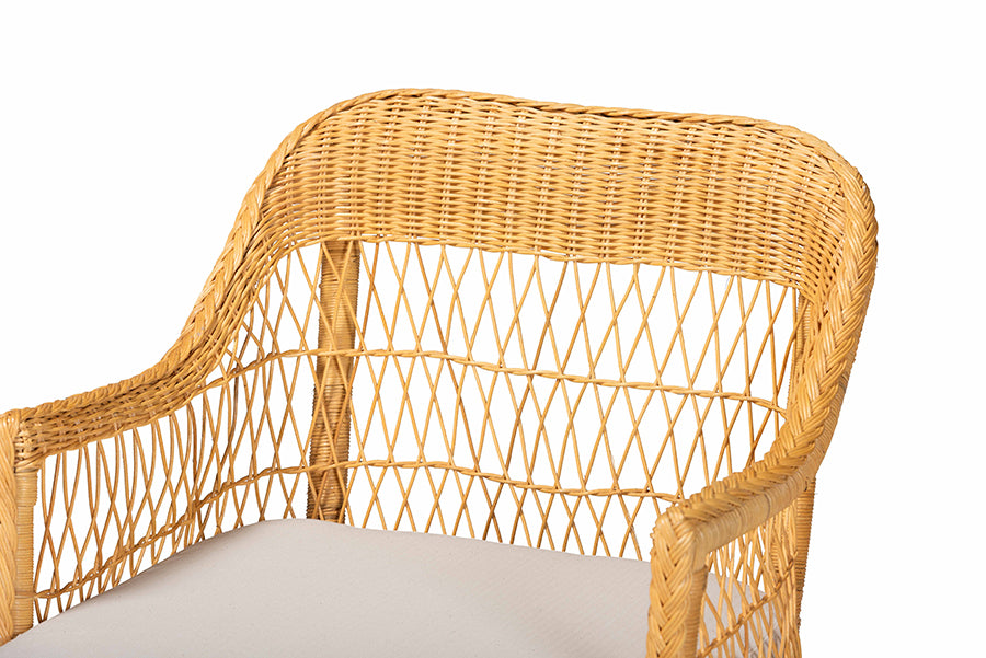 bali & pari Bruno Natural Rattan Chaise Lounge Chair with Cushion - Handwoven Wicker Accent Lounger with Rounded Backrest and Arms for Living Room, Bedroom or Sunroom