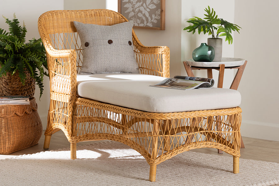 bali & pari Bruno Natural Rattan Chaise Lounge Chair with Cushion - Handwoven Wicker Accent Lounger with Rounded Backrest and Arms for Living Room, Bedroom or Sunroom