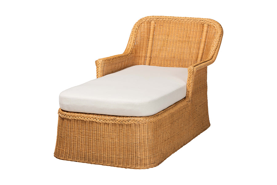 bali & pari Cesar Natural Rattan Chaise Lounge Chair with Cushion - Handwoven Wicker Accent Lounger with Rounded Backrest and Arms for Living Room, Bedroom or Sunroom