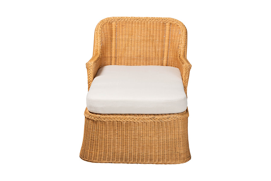 bali & pari Cesar Natural Rattan Chaise Lounge Chair with Cushion - Handwoven Wicker Accent Lounger with Rounded Backrest and Arms for Living Room, Bedroom or Sunroom