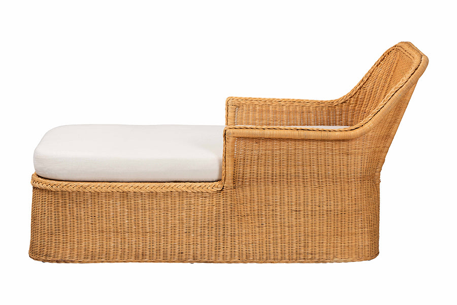 bali & pari Cesar Natural Rattan Chaise Lounge Chair with Cushion - Handwoven Wicker Accent Lounger with Rounded Backrest and Arms for Living Room, Bedroom or Sunroom