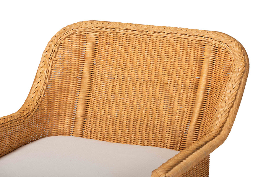 bali & pari Cesar Natural Rattan Chaise Lounge Chair with Cushion - Handwoven Wicker Accent Lounger with Rounded Backrest and Arms for Living Room, Bedroom or Sunroom