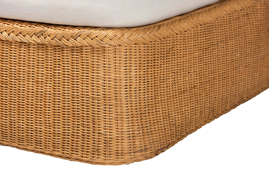 bali & pari Cesar Natural Rattan Chaise Lounge Chair with Cushion - Handwoven Wicker Accent Lounger with Rounded Backrest and Arms for Living Room, Bedroom or Sunroom