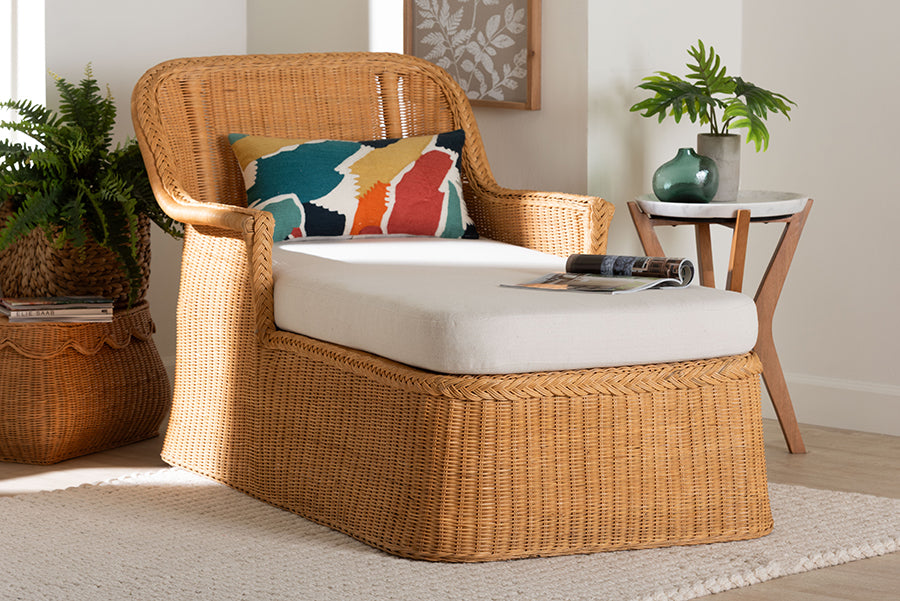 bali & pari Cesar Natural Rattan Chaise Lounge Chair with Cushion - Handwoven Wicker Accent Lounger with Rounded Backrest and Arms for Living Room, Bedroom or Sunroom