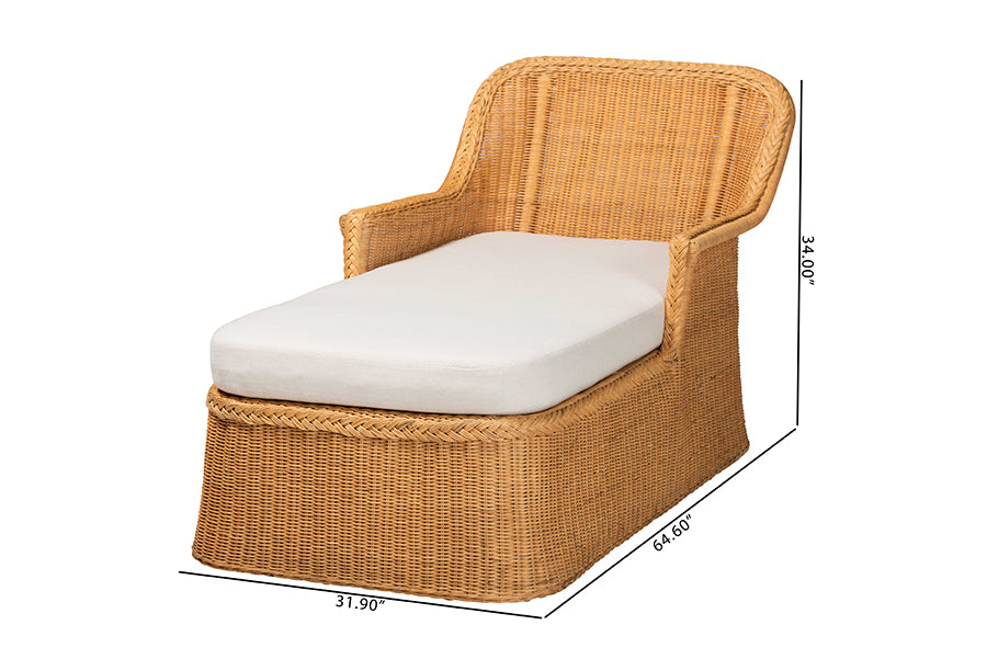 bali & pari Cesar Natural Rattan Chaise Lounge Chair with Cushion - Handwoven Wicker Accent Lounger with Rounded Backrest and Arms for Living Room, Bedroom or Sunroom