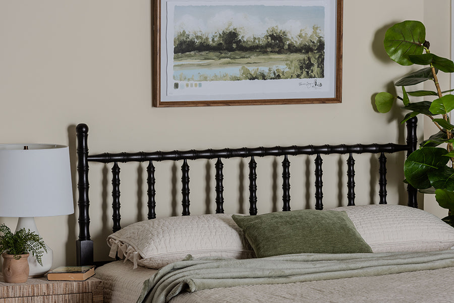 Baxton Studio Edaline Bamboo Motif Headboard - Crafted Wood Panel with Decorative Turned Spindle Design for Boho Costal Bedroom, King, Black