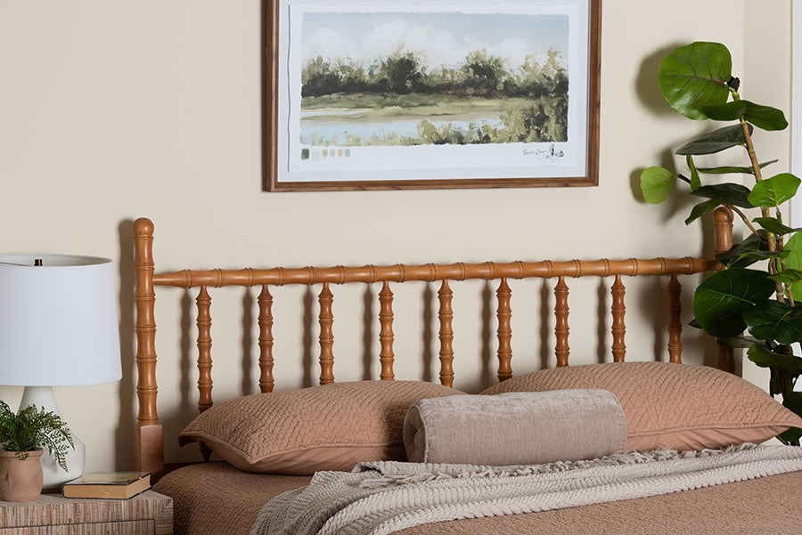 Baxton Studio Edaline Bamboo Motif Headboard - Crafted Wood Panel with Decorative Turned Spindle Design for Boho Costal Bedroom, King, Oak Brown