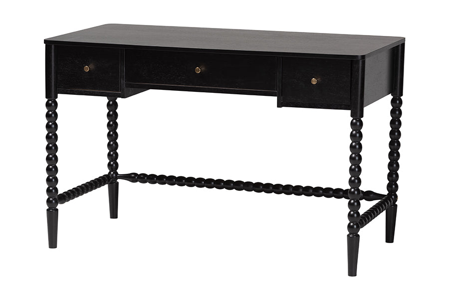 Baxton Studio Lucera Bobbin Writing Desk - 3-Drawer Home Office Desk with Spindle Frame, Black