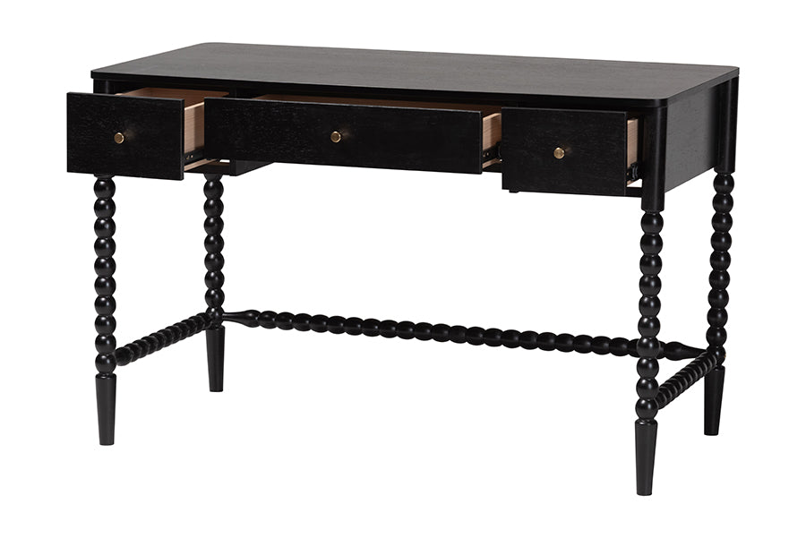 Baxton Studio Lucera Bobbin Writing Desk - 3-Drawer Home Office Desk with Spindle Frame, Black