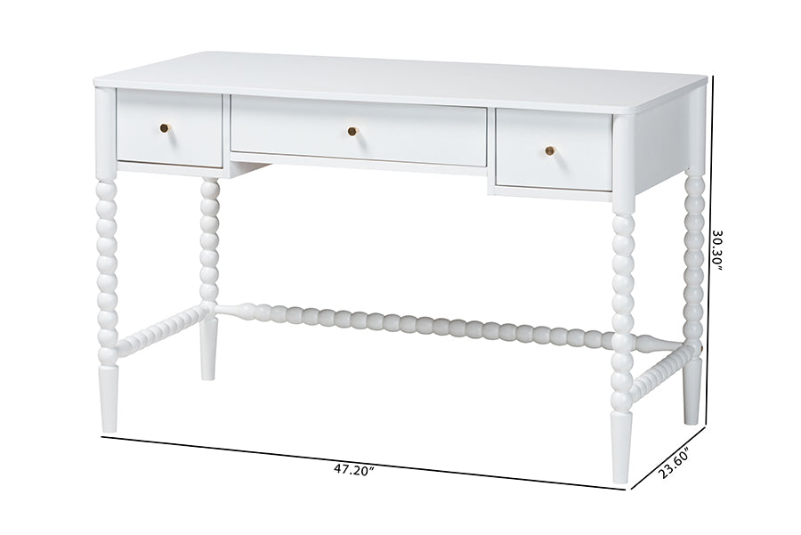Baxton Studio Lucera Bobbin Writing Desk - 3-Drawer Home Office Desk with Spindle Frame, White
