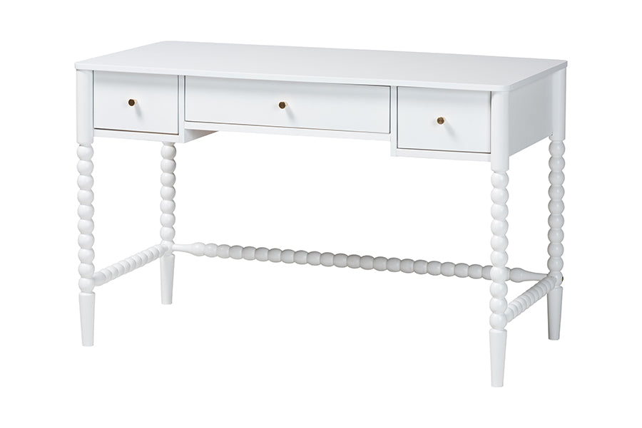Baxton Studio Lucera Bobbin Writing Desk - 3-Drawer Home Office Desk with Spindle Frame, White