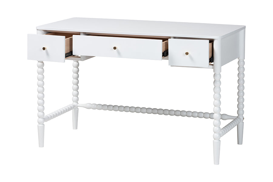Baxton Studio Lucera Bobbin Writing Desk - 3-Drawer Home Office Desk with Spindle Frame, White