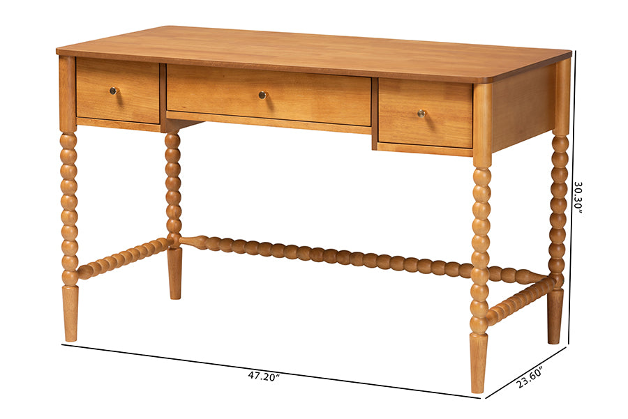 Baxton Studio Lucera Bobbin Writing Desk - 3-Drawer Home Office Desk with Spindle Frame, Oak Brown