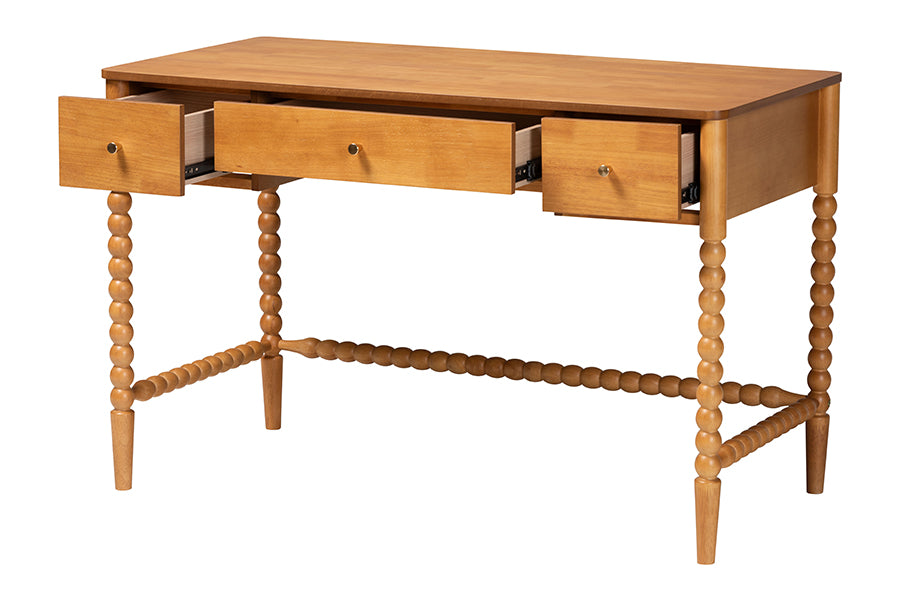 Baxton Studio Lucera Bobbin Writing Desk - 3-Drawer Home Office Desk with Spindle Frame, Oak Brown