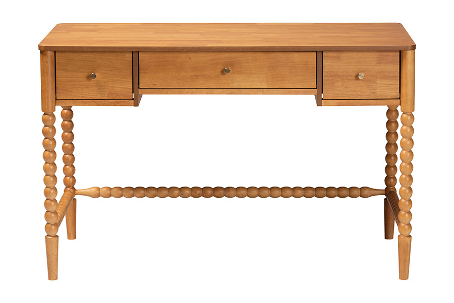 Baxton Studio Lucera Bobbin Writing Desk - 3-Drawer Home Office Desk with Spindle Frame, Oak Brown